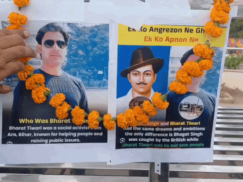 भरत तिवारी एनकाउंटर मामले को लेकर अलवर में प्रदर्शन:श्रद्धांजलि देकर जांच की मांग; कहा- सरेंडर करने के बाद एनकाउंटर किया